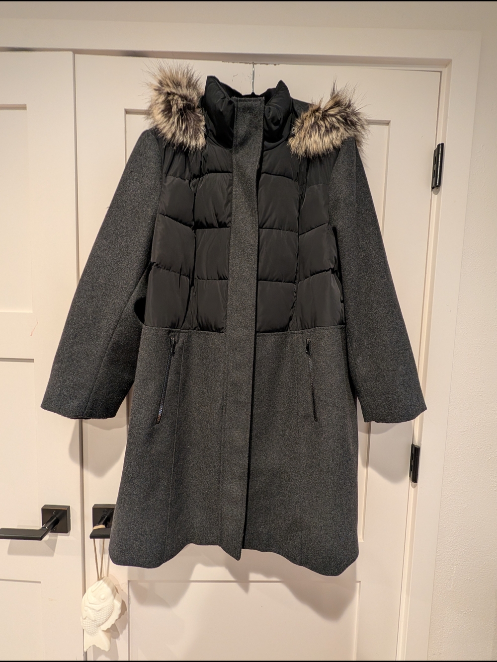 Lands' End Charcoal Gray Coat with Black Quilted Puffer Yoke and Faux-Fur Hood